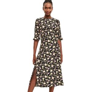 Loft Midi Dress Womens 2 Petite Floral Black Pink SIde Slit Ruffle Sleeve Yellow